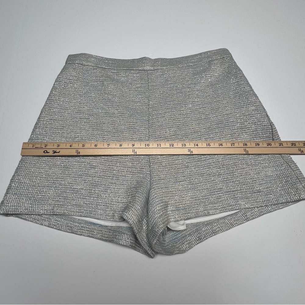 LAVENDER BROWN Silver Blue Tweed Shorts L High Waist Textured Lined Dressy Chic - Picture 10 of 14